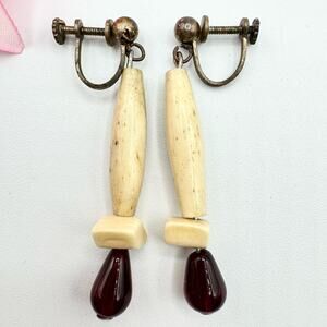 Vintage Bone Deep Red Glass Teardrop Screw Back Earrings Dangle Long Exotic